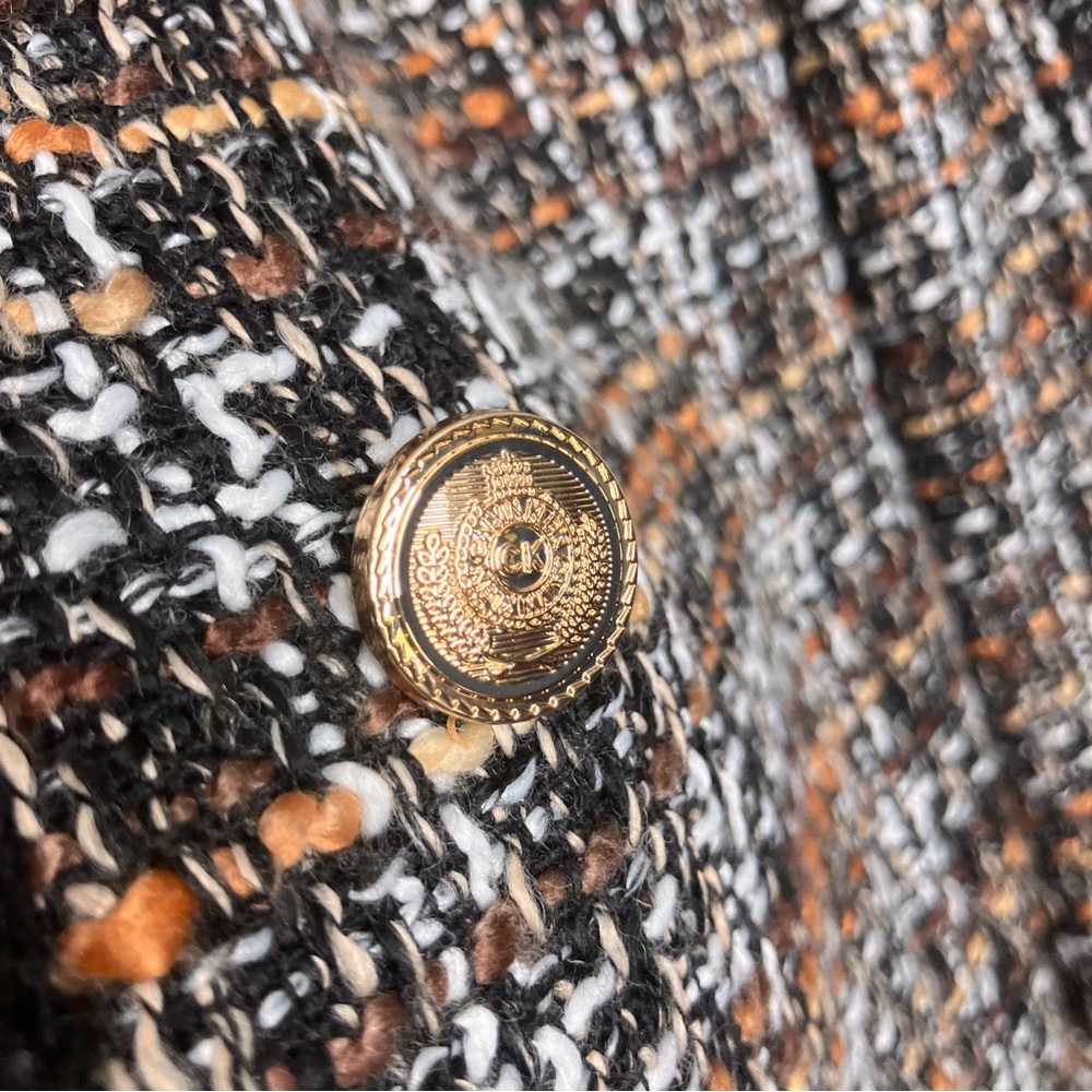 Calvin Klein 8 Brown Black Gold Logo Button Tweed Double Breasted Blazer Jacket - Picture 6 of 7